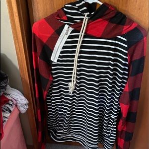 Double hoodie red Buffalo check sweatshirt large